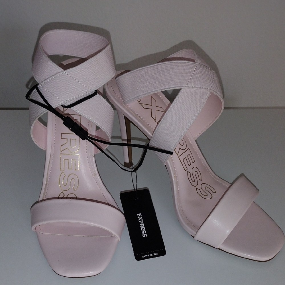 Express Brian Atwood x Express Stretch Ankle Strap Heeled Sandals. Light Pink. - Picture 6 of 11
